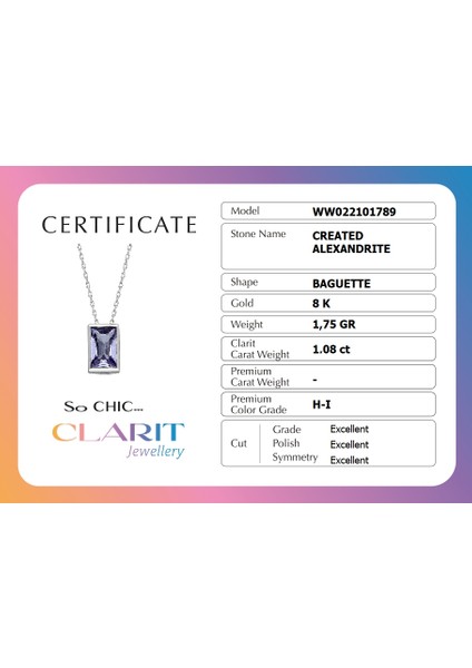 Created Alexandrite Taşlı Clarit Serisi Beyaz Altın Baget Kolye modelleri