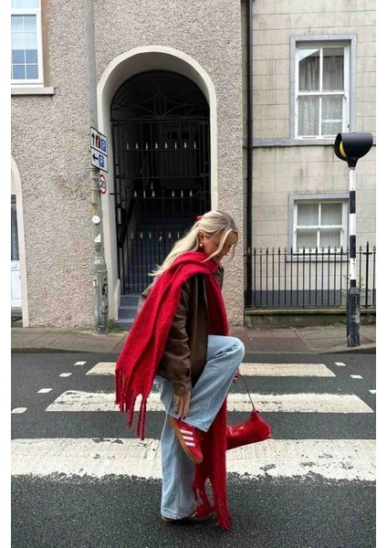 Kadın Özel Karışımlı Akrilik Atkı Şal Kırmızı