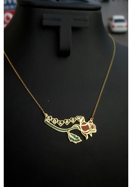 925 Ayar Gümüş 24 Ayar Altın Kaplama Isimli Kalpli Gül Kolye