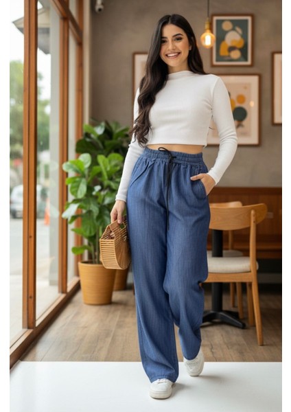 Bel Lastikli Bağcıklı Bol Paça Palazzo Yazlık Denım Pantolon