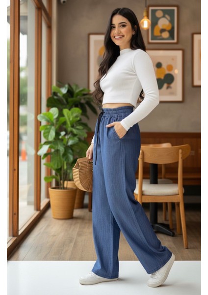 Bel Lastikli Bağcıklı Bol Paça Palazzo Yazlık Denım Pantolon fiyatları