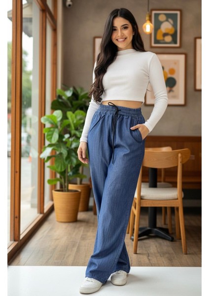Bel Lastikli Bağcıklı Bol Paça Palazzo Yazlık Denım Pantolon fırsatları