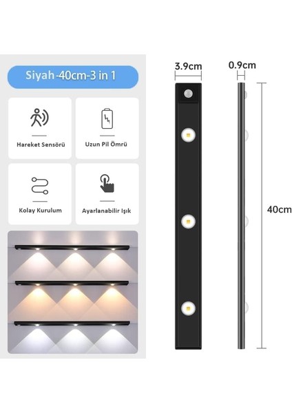 Geldi Sensörlü Şarjlı 3 Farklı Işık Renkli Dimmerli 40CM Siyah Ultra Slim Kabin LED modelleri