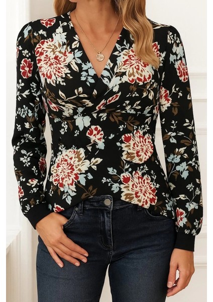 Mdb Kadın Uzun Kollu Kruvaze Yakalı Kelebek Desenli Şardonlu Dalgıç Bluz modelleri