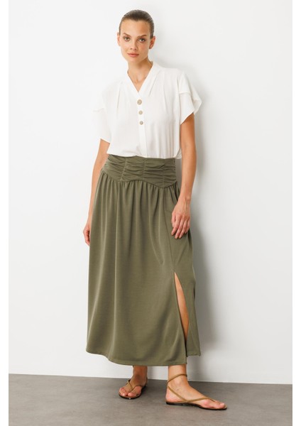 Büzgü Detay Yüksek Bel Uzun Etek-Haki