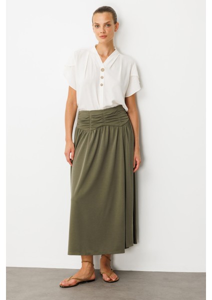 Büzgü Detay Yüksek Bel Uzun Etek-Haki fiyatları