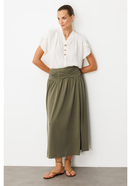 Büzgü Detay Yüksek Bel Uzun Etek-Haki modelleri