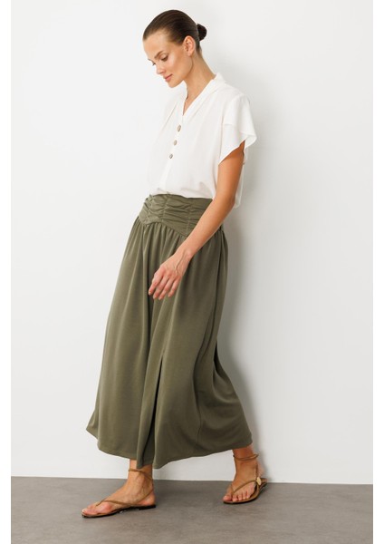 Büzgü Detay Yüksek Bel Uzun Etek-Haki fırsatları