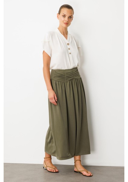 Büzgü Detay Yüksek Bel Uzun Etek-Haki indirimleri