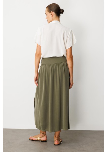 Büzgü Detay Yüksek Bel Uzun Etek-Haki