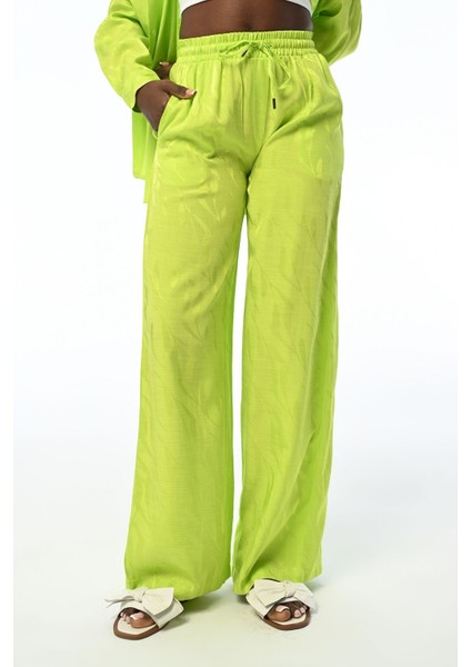 Kadın Beli Lastikli Bol Paça Limon Rengi Desenli Pantolon