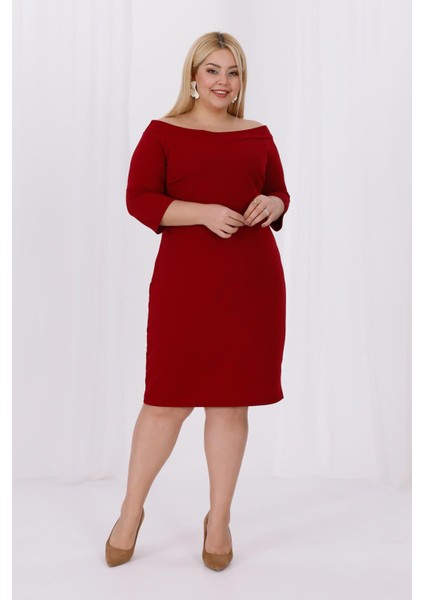 Kadın Bordo Carmen Yaka Truvakar Kol Büyük Beden Esnek Krep Elbise