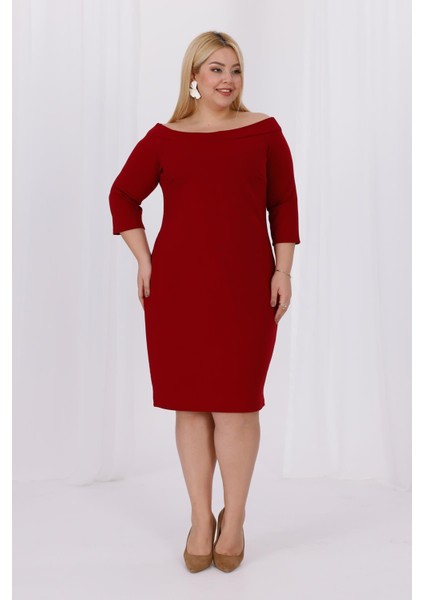 Kadın Bordo Carmen Yaka Truvakar Kol Büyük Beden Esnek Krep Elbise modelleri