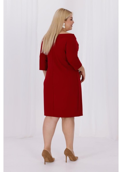 Kadın Bordo Carmen Yaka Truvakar Kol Büyük Beden Esnek Krep Elbise
