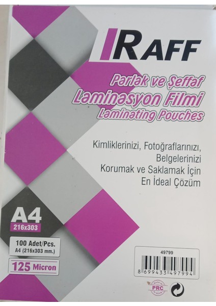 A4 (216X303MM) Boyut Laminasyon Kaplama Filmi 125 Micron 100'LÜ Paket