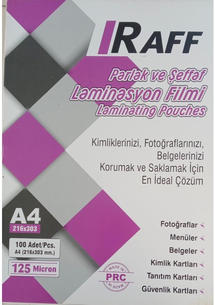 A4 (216X303MM) Boyut Laminasyon Kaplama Filmi 125 Micron 100'LÜ Paket fiyatları