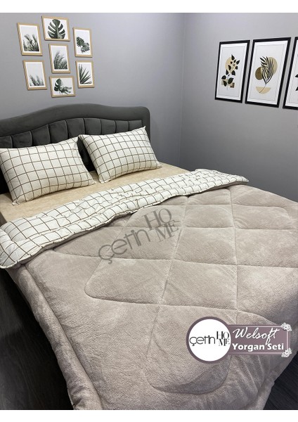 Çetinhome Çift Kişilik Desenli Welsoft Yorgan Seti Kare Krem (Çarşafsız) fiyatları