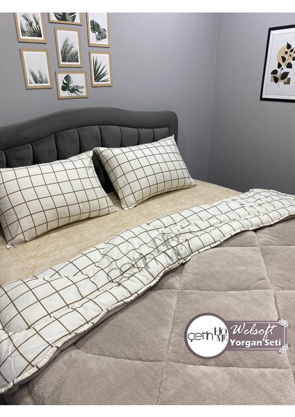 Çetinhome Çift Kişilik Desenli Welsoft Yorgan Seti Kare Krem (Çarşafsız) modelleri