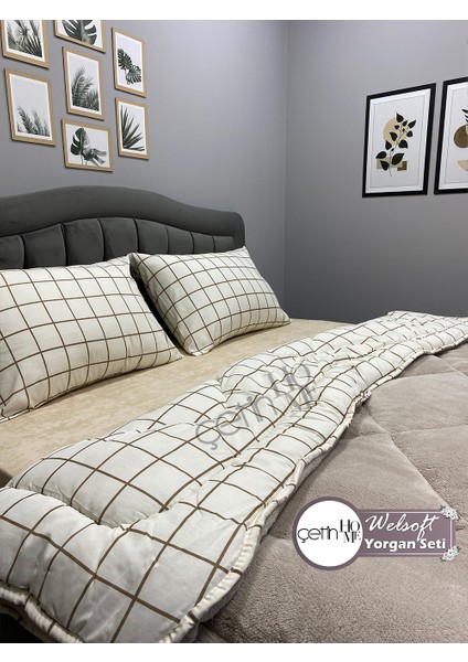 Çetinhome Çift Kişilik Desenli Welsoft Yorgan Seti Kare Krem (Çarşafsız) fırsatları