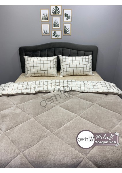 Çetinhome Çift Kişilik Desenli Welsoft Yorgan Seti Kare Krem (Çarşafsız) indirimleri