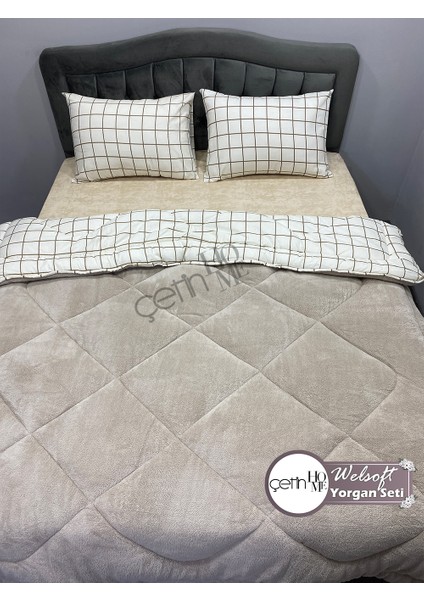 Çetinhome Çift Kişilik Desenli Welsoft Yorgan Seti Kare Krem (Çarşafsız)