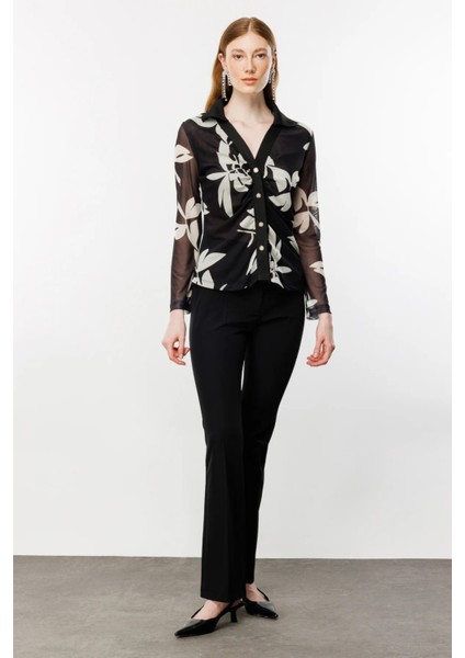 31434Z Onteks Gömlek Yakalı Büzgülü Kendinden Yaprak Desenli Tül