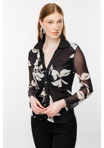 31434Z Onteks Gömlek Yakalı Büzgülü Kendinden Yaprak Desenli Tül fiyatları