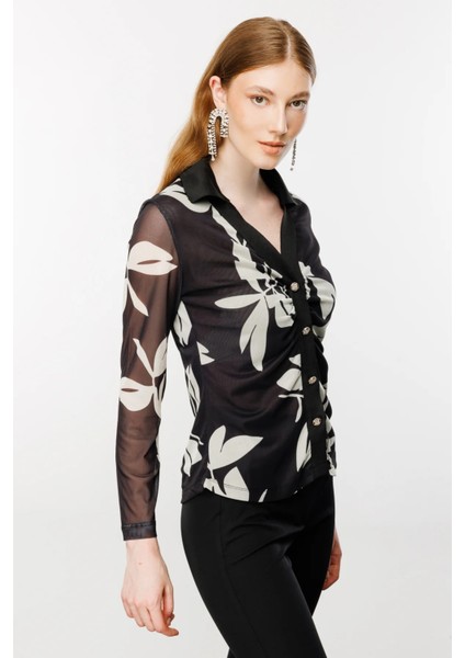 31434Z Onteks Gömlek Yakalı Büzgülü Kendinden Yaprak Desenli Tül modelleri