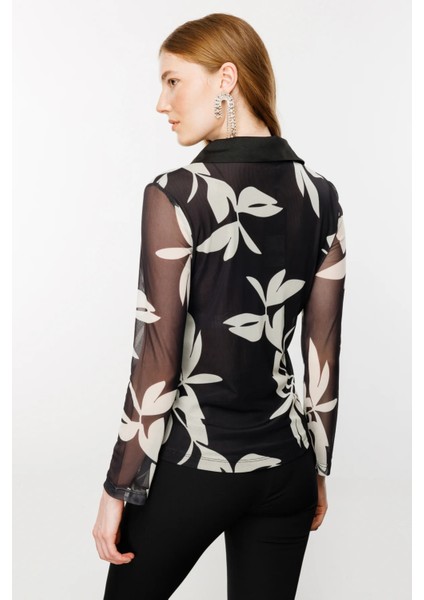 31434Z Onteks Gömlek Yakalı Büzgülü Kendinden Yaprak Desenli Tül fırsatları