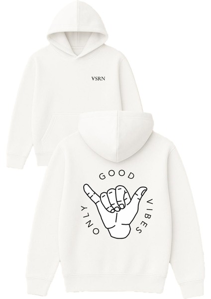 Good Vıbes Only El Tasarım Baskılı Oversize Beyaz Kapüşonlu Sweatshirt