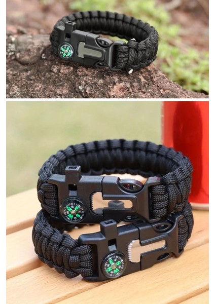 5'i 1 Arada Çok Fonksiyonlu Hayatta Kalma Bilekliği Pusula, Düdük, Çakmak Taşı ve Şemsiye Ipi Bileklik