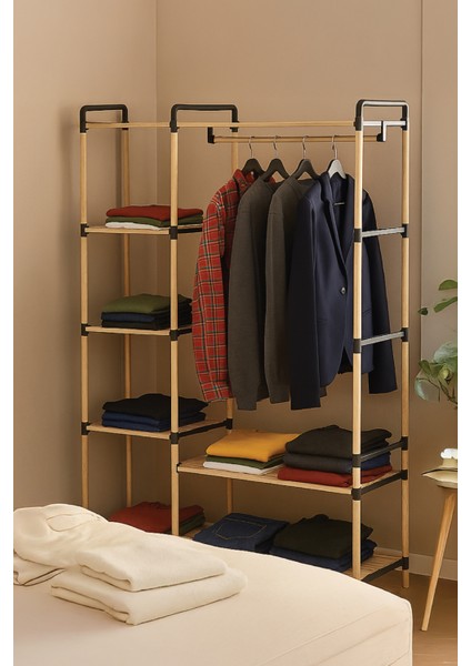 Pazaraza Ne-03 Modüler Raflı %100 Masif Ahşap Elbise Askısı Açık Gardırop