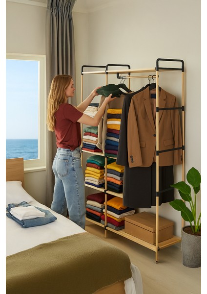 Pazaraza Ne-03 Modüler Raflı %100 Masif Ahşap Elbise Askısı Açık Gardırop fırsatları