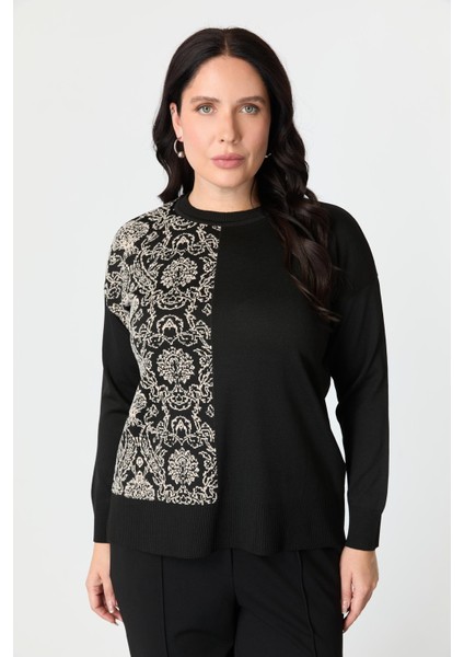 Büyük Beden Soyut Desenli Triko Kazak-Siyah/kemik