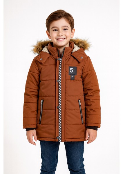 5 Armalı Kürklü Kapüşonlu Cepli Fermuarlı Erkek Çocuk Kahverengi Şişme Mont