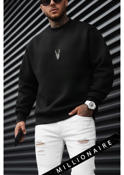 Erkek Siyah Geyik Baskılı Kalın Soft 3 Iplik Içi Şardonlu 0 Sıfır Yaka Oversize Salaş Sweatshirt
