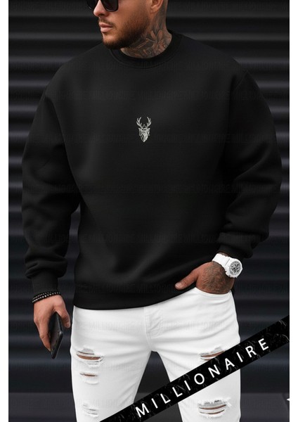 Erkek Siyah Geyik Baskılı Kalın Soft 3 Iplik Içi Şardonlu 0 Sıfır Yaka Oversize Salaş Sweatshirt fiyatları