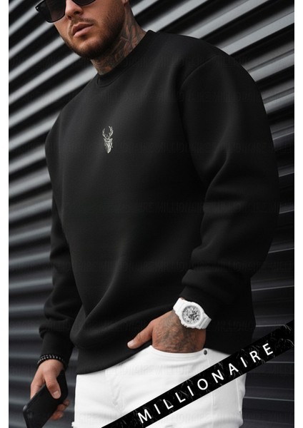 Erkek Siyah Geyik Baskılı Kalın Soft 3 Iplik Içi Şardonlu 0 Sıfır Yaka Oversize Salaş Sweatshirt modelleri