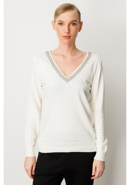 Kadın Yakası Taşlı Triko Kazak 65314 Ekru