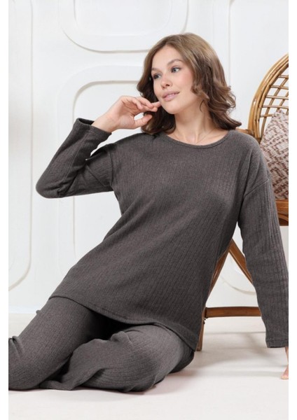 Pamuklu Kalın Kışlık Interlok Şeritli Uzun Kollu Örme Pijama Takımı