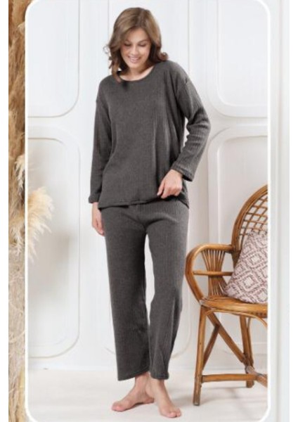 Pamuklu Kalın Kışlık Interlok Şeritli Uzun Kollu Örme Pijama Takımı modelleri
