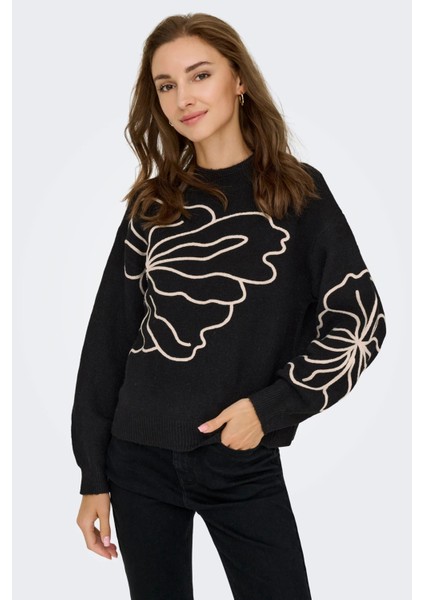 Kadın Jdyjella Desenli Yuvarlak Yaka Yünlü Kazak 15344518 Siyah