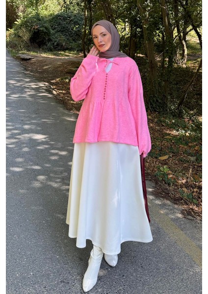 Yaka Bağlama Detaylı Kazak Pembe