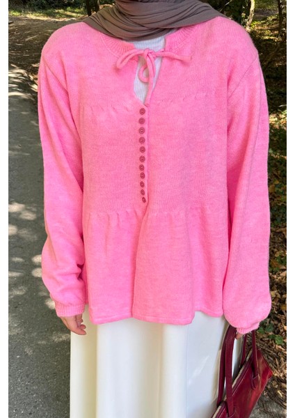 Yaka Bağlama Detaylı Kazak Pembe modelleri