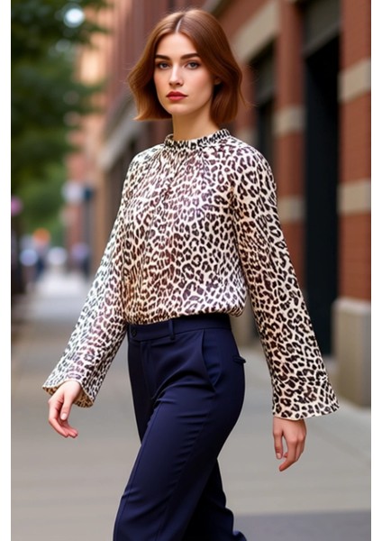 Kadın Desenli Oversize Vual Bluz Bisiklet Yaka Uzun Kollu Bağcıklı Kaliteli Şık Rahat Modern