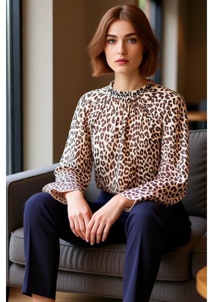 Kadın Desenli Oversize Vual Bluz Bisiklet Yaka Uzun Kollu Bağcıklı Kaliteli Şık Rahat Modern fiyatları