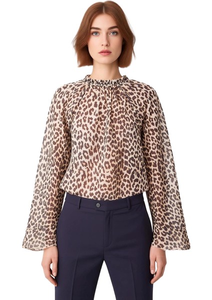 Kadın Desenli Oversize Vual Bluz Bisiklet Yaka Uzun Kollu Bağcıklı Kaliteli Şık Rahat Modern modelleri