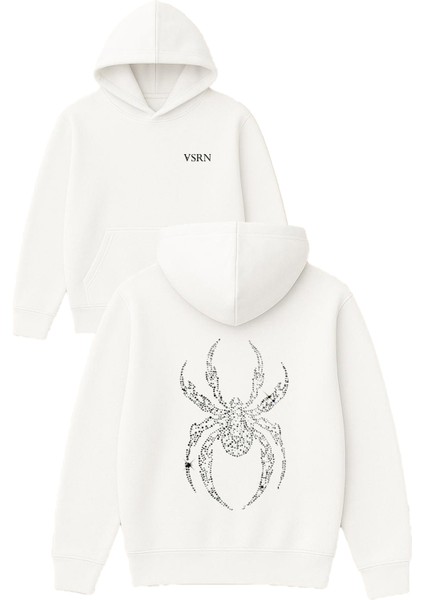 Pırlantalı Sipder Tasarım Baskılı Oversize Beyaz Kapüşonlu Sweatshirt