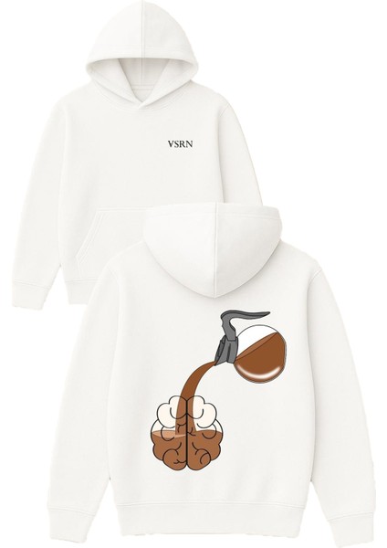 Brain Coffee Tasarım Baskılı Oversize Beyaz Kapüşonlu Sweatshirt