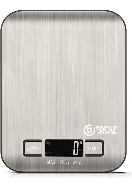 BY-005 Mutfak Terazisi - Paslanmaz Çelik Yüzeyli Mutfak Tartısı - Dara Işlevi, LED Ekran, 5 Birim Dönüştürme ve Otomatik Kapanma Özellikli - 10 kg Tartı Kapasitesi